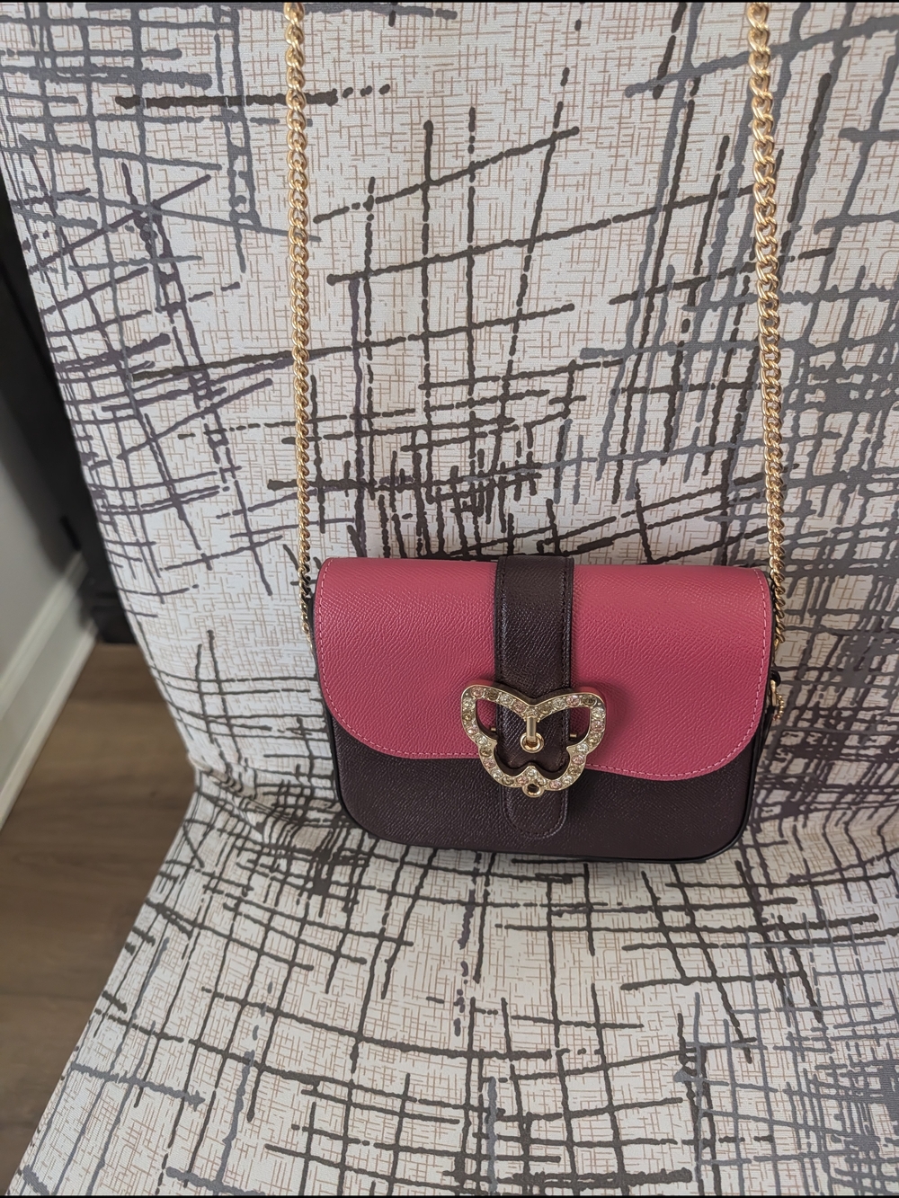 Coach Pink and Brown Leather Mini Crossbody Bag with Rhinestone Buckle